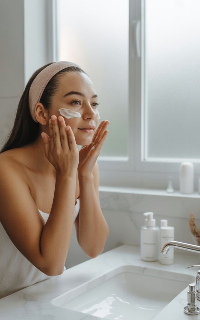 Woman in her 30s applying Cleanser for skincare