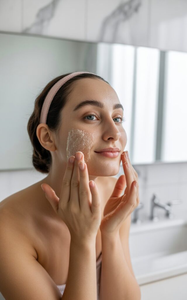 Woman in her 30s applying Exfoliator for skincare