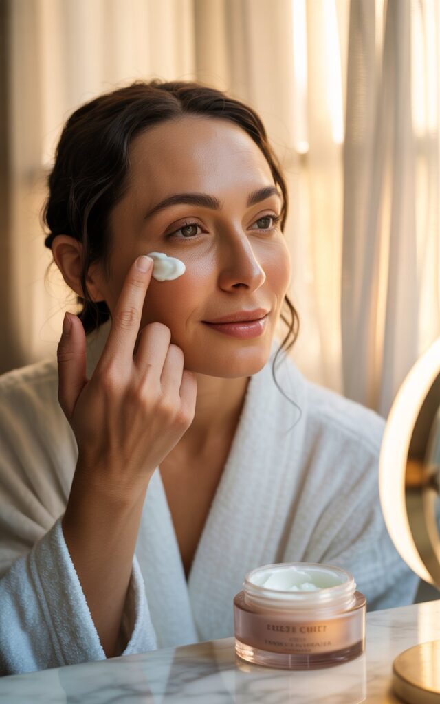 Woman in her 30s applying Eye Cream for skincare