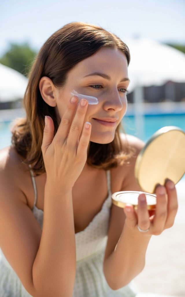 Woman in her 30s applying Sunscreen