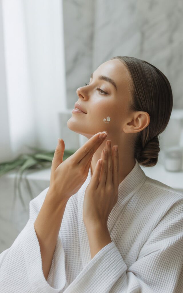 Woman in her 30s applying product on her neck for skincare