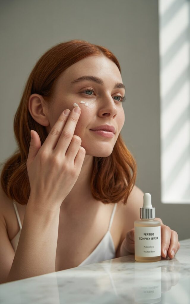 Woman in her 30s applying product with Peptides for skincare