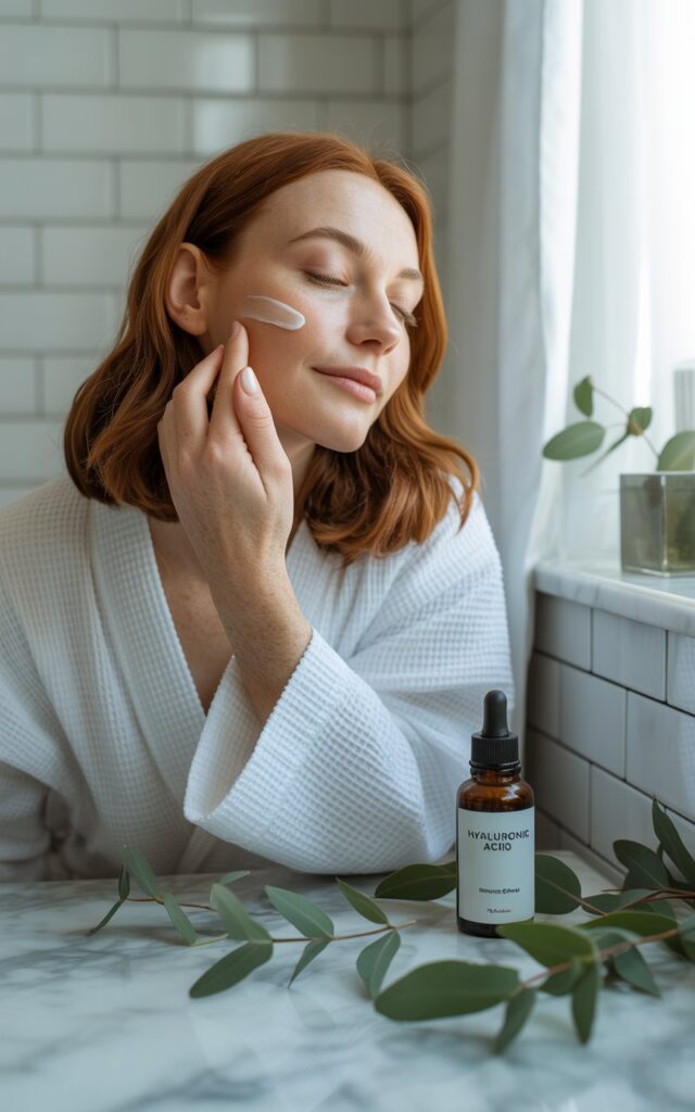 Woman in her 30s applying skincare product with  Hyaluronic Acid for Hydration