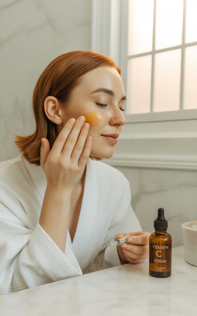 Woman in her 30s applying skincare product with  Vitamin C