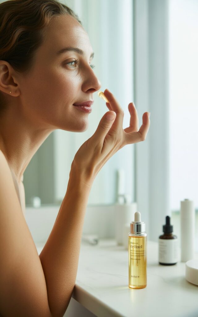 Woman in her 30s applying skincare product with  retinol