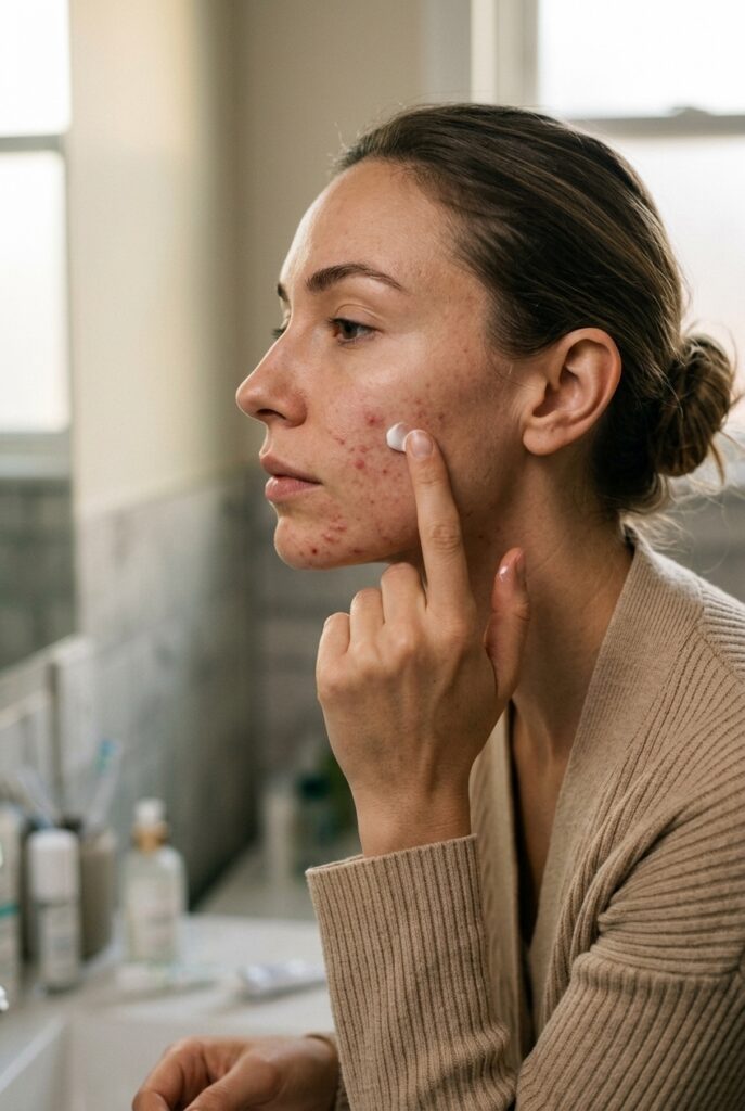 Woman in side profile applying retinoid cream at home during nighttime skincare routine Woman in side profile applying retinoid cream at home during nighttime skincare routine