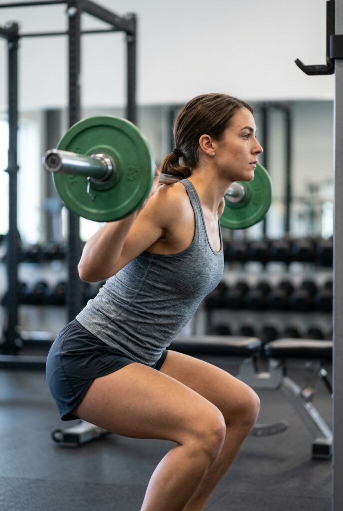 Woman in side profile performing a barbell squat inside a gym