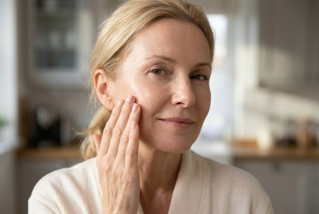 Woman over 50 applying skin tint with fingertips