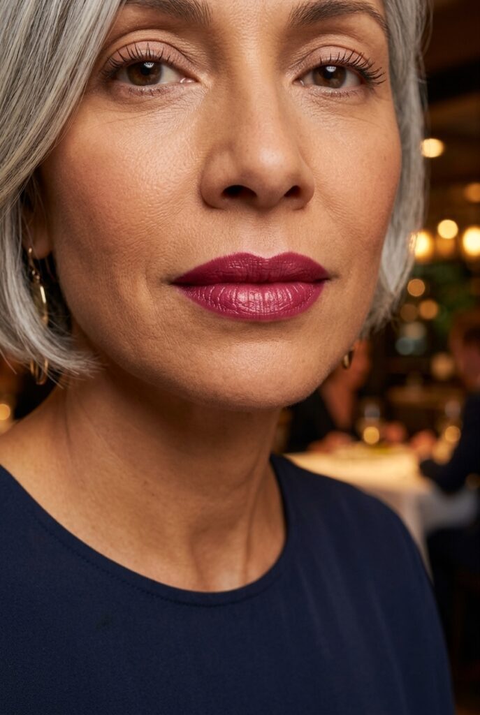 Woman over 50 wearing a bold satin lipstick