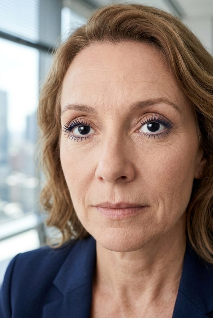Woman over 50 wearing navy mascara on her lashes