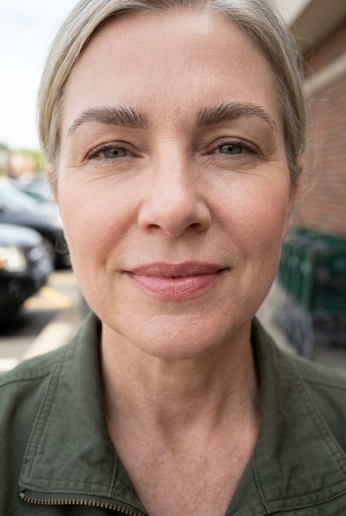 Woman over 50 wearing tinted lip balm and groomed brows