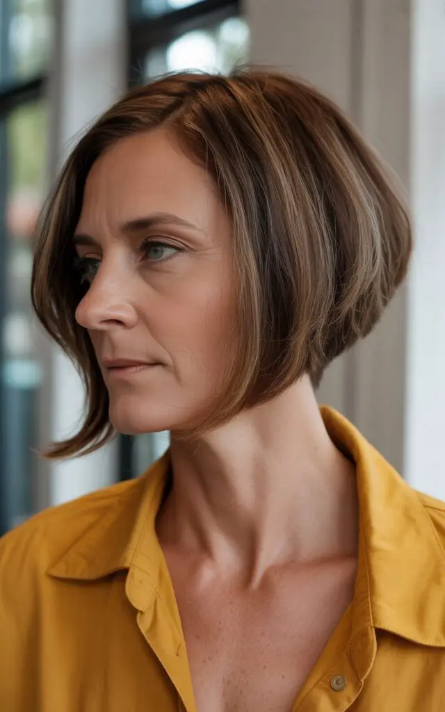 Woman over 50 with asymmetrical bob haircut featuring one side shorter at ear length and other side longer at chin