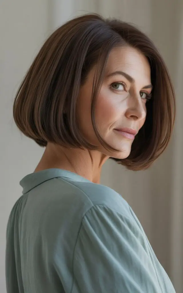 Woman over 50 with blunt cut bob featuring straight-across bottom edge and minimal layers