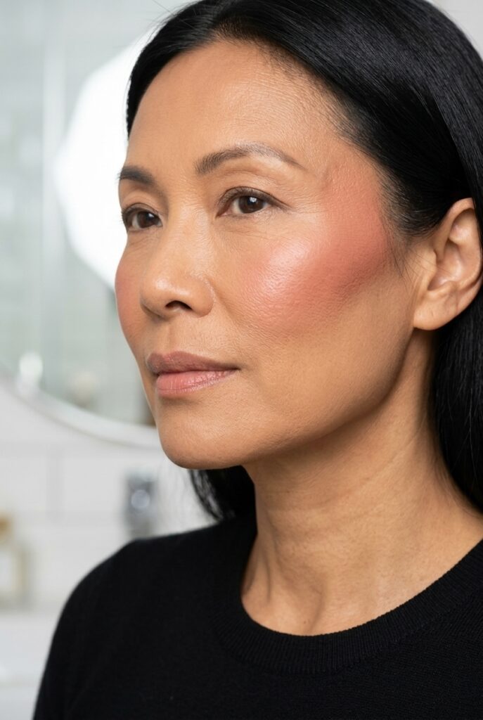 Woman over 50 with blush draped toward the temples