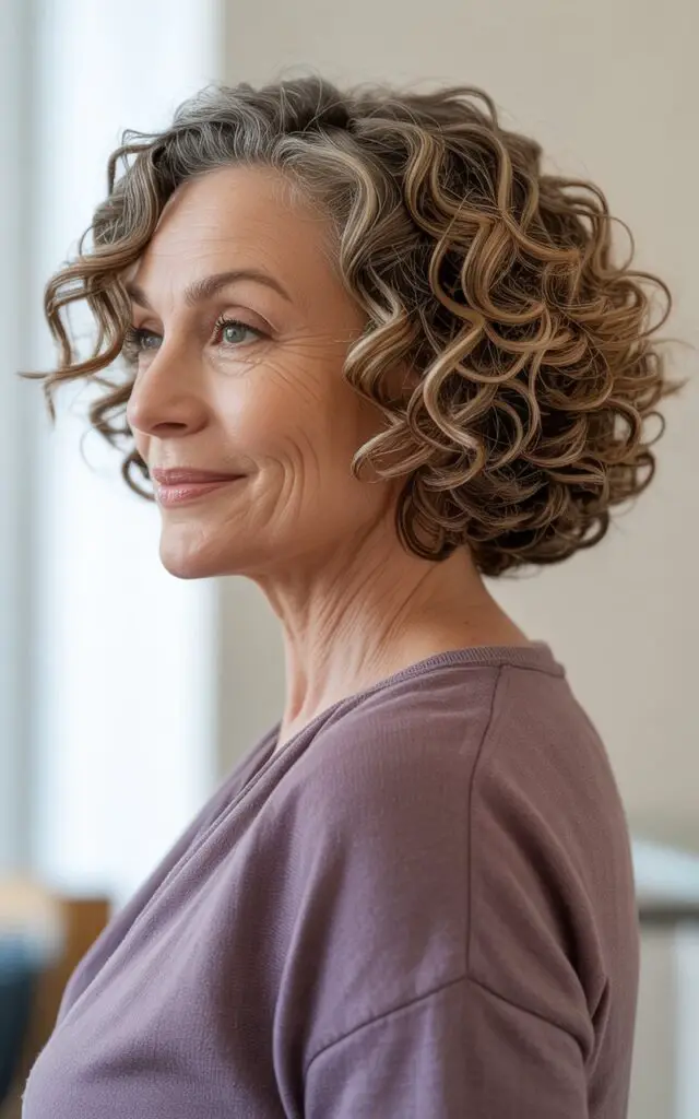 Woman over 50 with curly bob haircut featuring natural defined curls