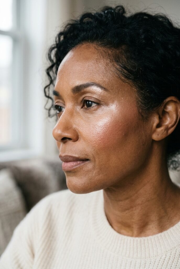 Woman over 50 with dewy hydrated makeup glow
