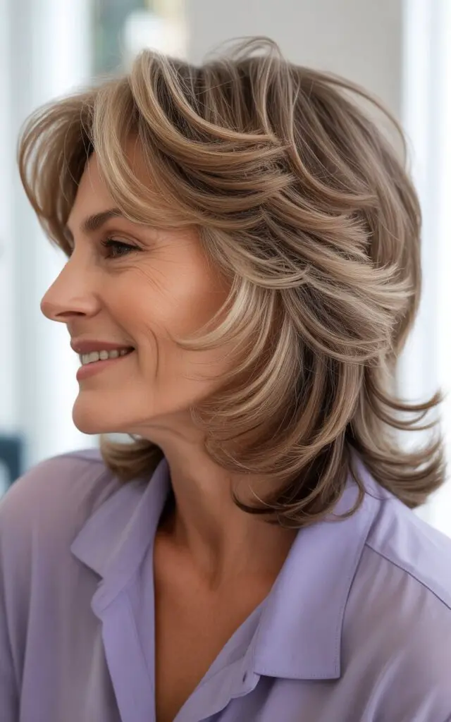 Woman over 50 with feathered layers haircut on medium-length hair, layers flipping outward at the ends with soft airy movement