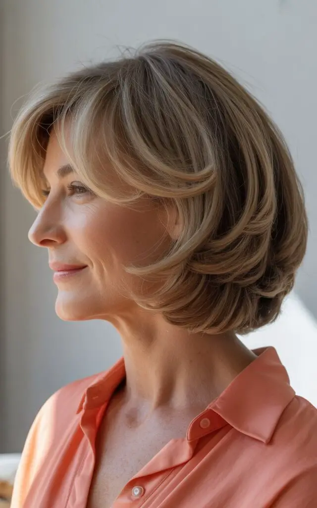Woman over 50 with layered bob haircut featuring side-swept bangs