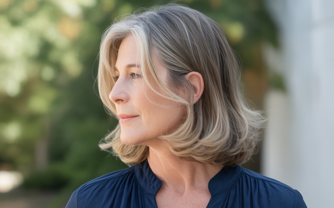 Woman over 50 with shoulder-length hair showing a beautiful blend of ash blonde highlights and natural gray at the roots