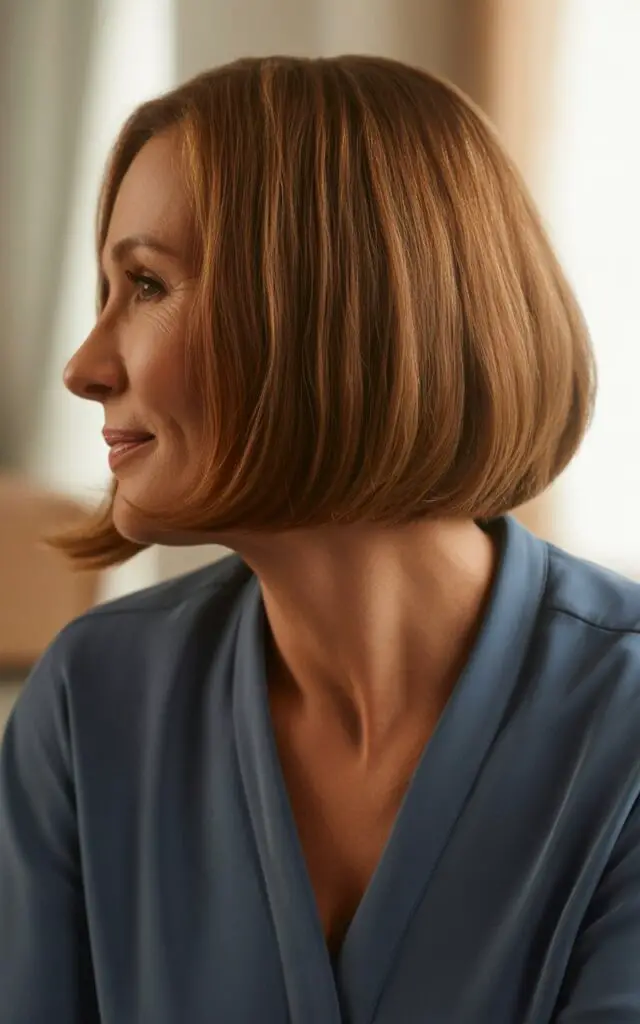 Woman over 50 with sleek lob (long bob) haircut ending between chin and collarbone