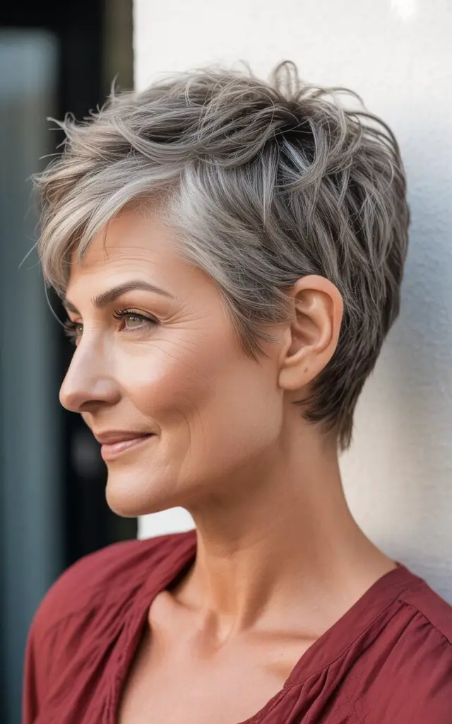Woman over 50 with textured pixie cut featuring choppy layers and piece-y texture