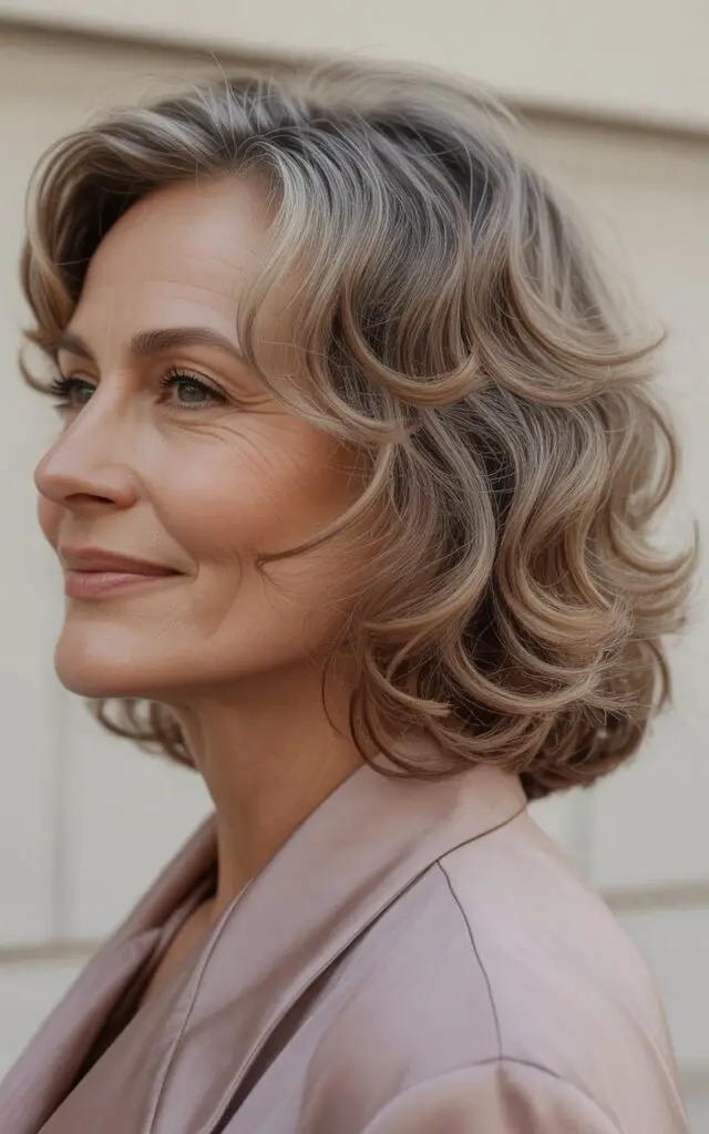 Woman over 50 with wavy mid-length haircut ending few inches below shoulders
