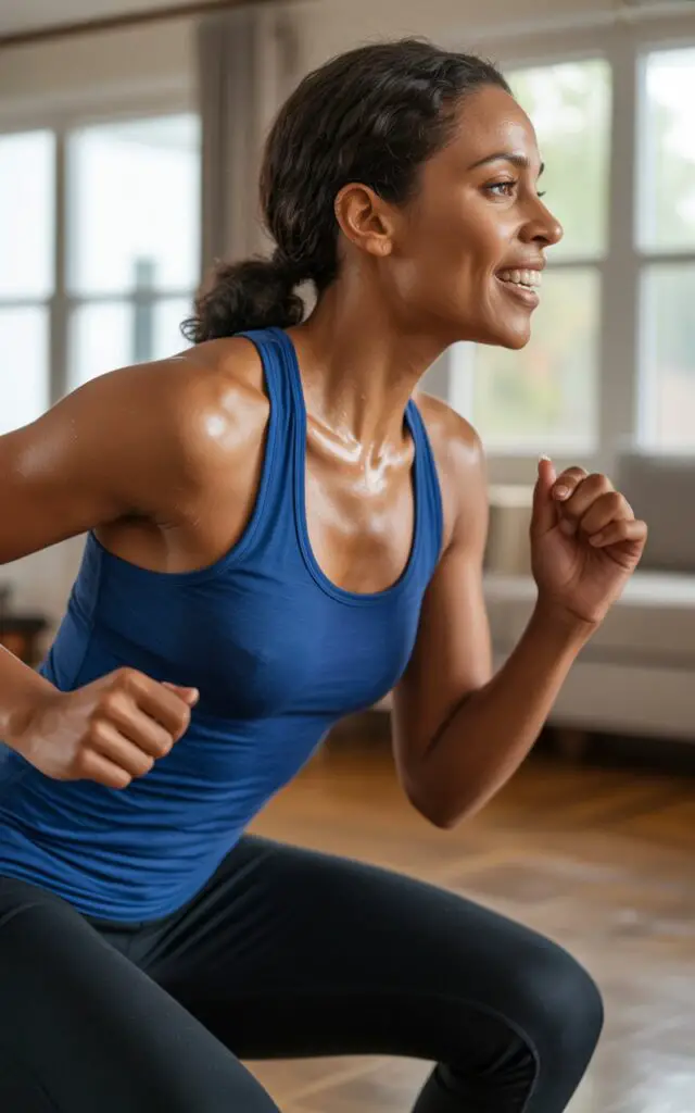 Woman performing Afrobeat dance moves during Zumba workout at home