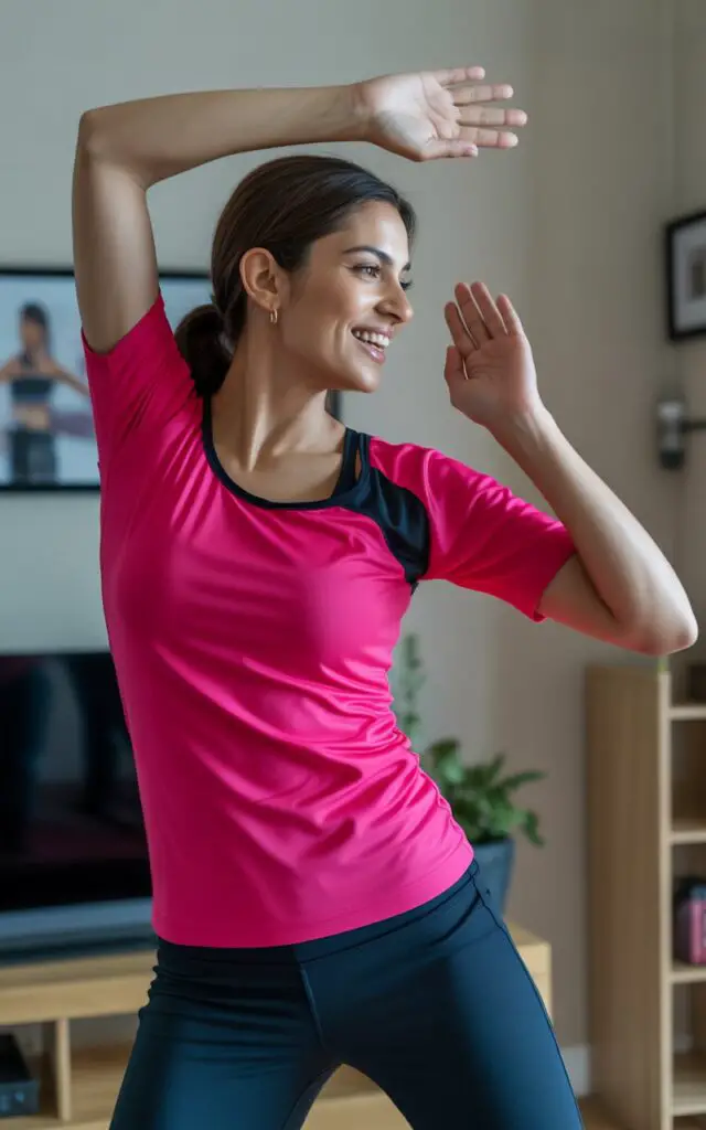 Woman performing Bollywood dance moves during Zumba workout at home