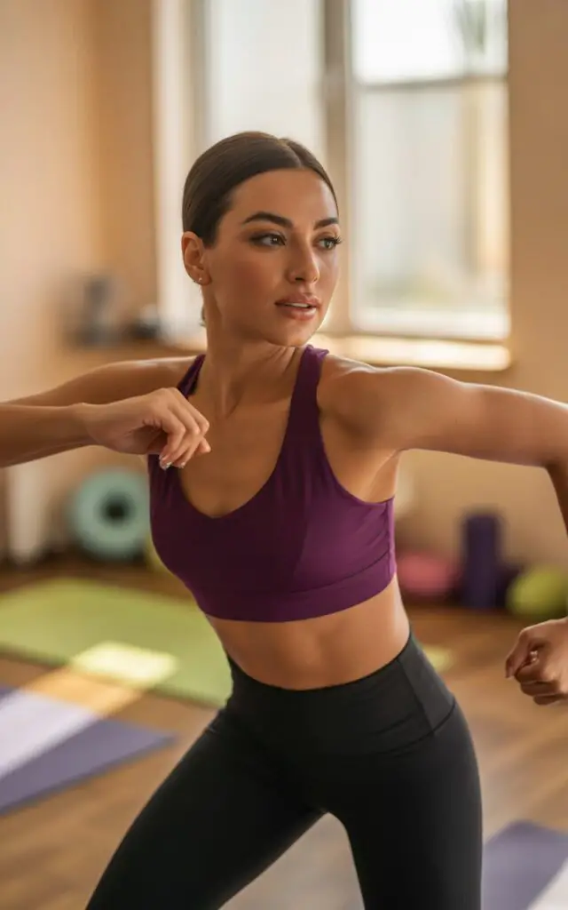 Woman performing reggaeton movements during Zumba workout at home