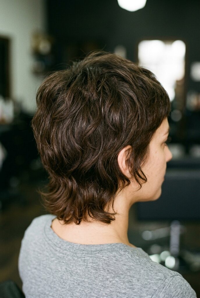 Woman showing updated mullet haircut with short textured top and wavy layered back