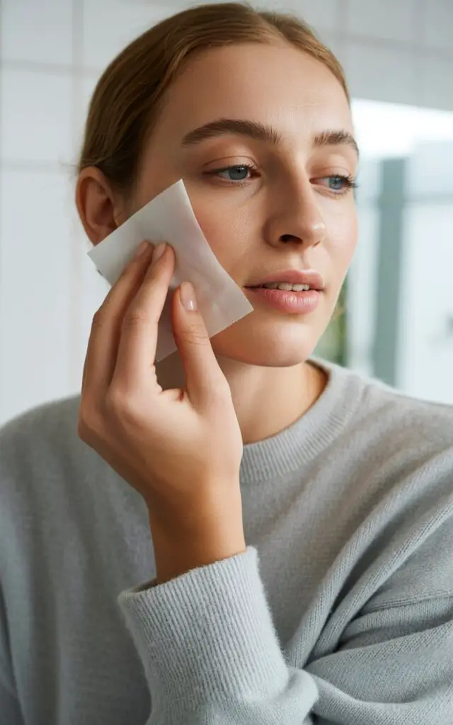 Woman using blotting papers on her face to control oily skin