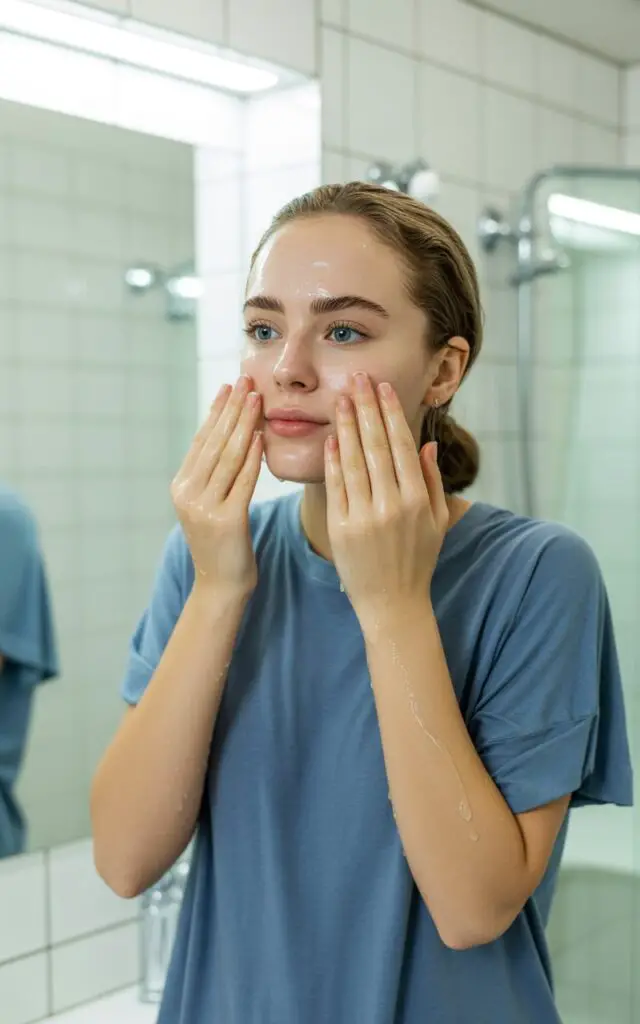 Woman washing her face with gel-based cleanser for oily skin