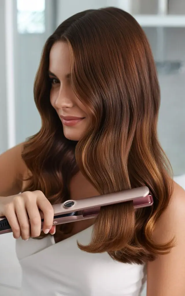 Woman with Heat styling tool to prevent Brassy Tones and get Get Rich Brunette Hair Color
