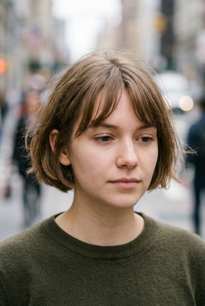 Woman with a French bob showing curtain bangs below the ear