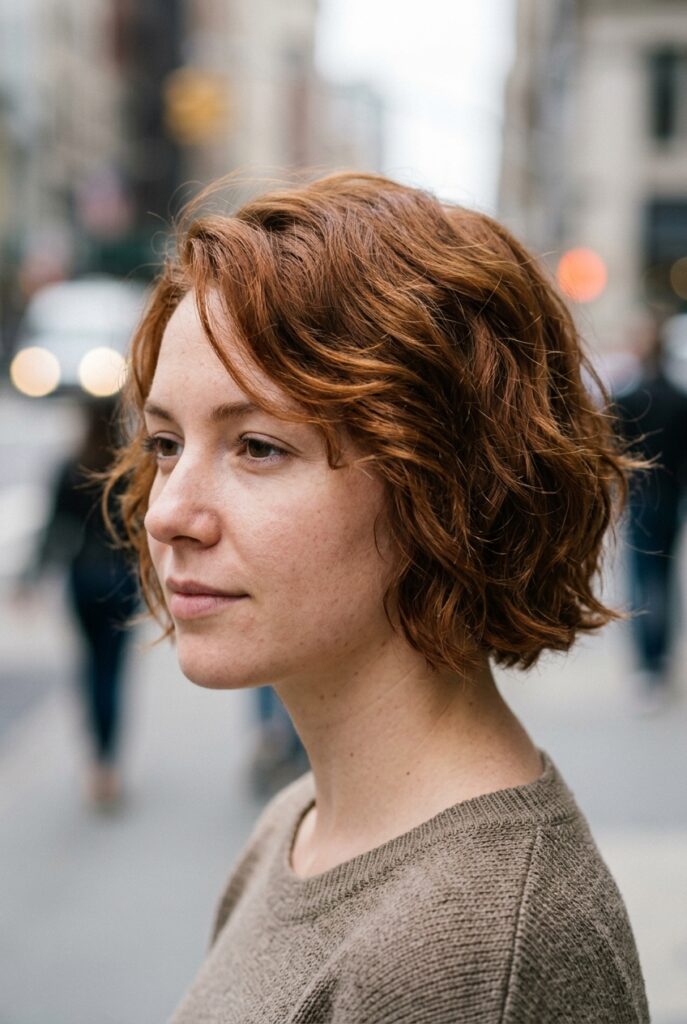 Woman with a bixie haircut showing soft layered movement at jaw length Woman with a bixie haircut showing soft layered movement at jaw length