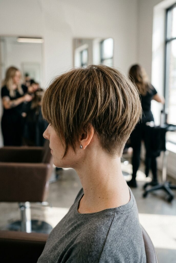 Woman with a bixie haircut with short sides and longer top