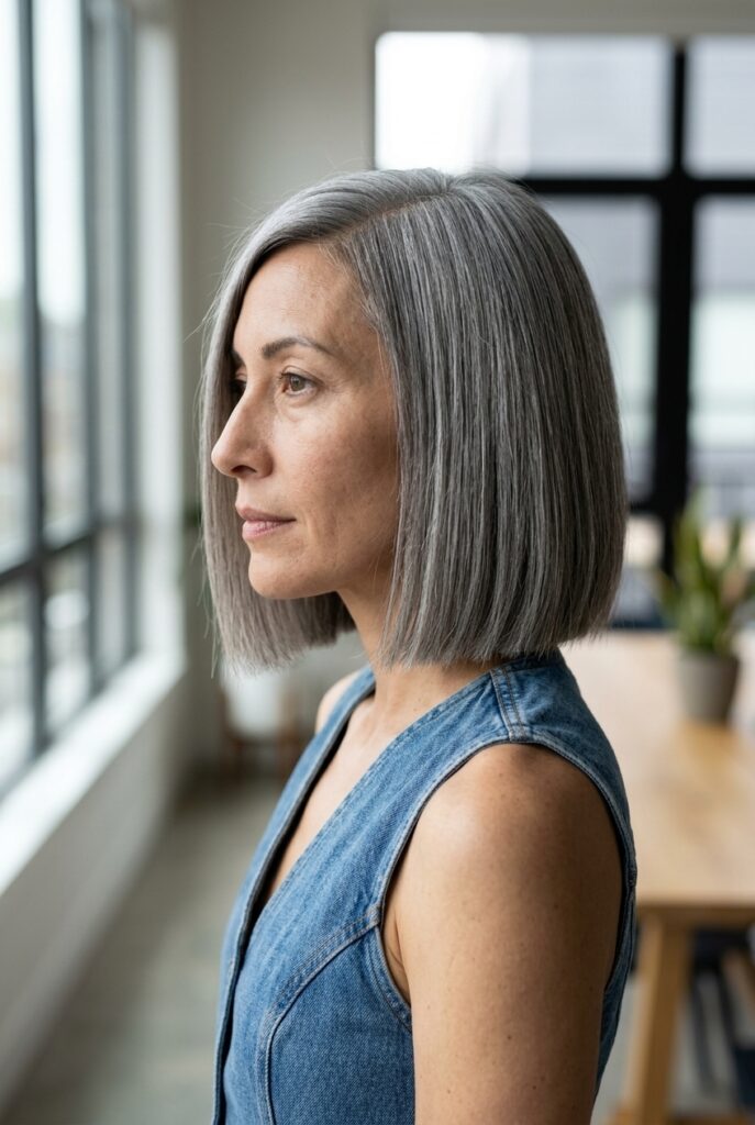 Woman with a blunt chin length gray bob indoors