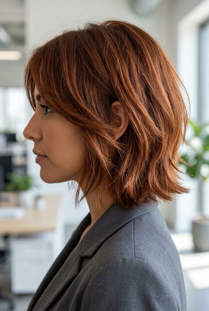 Woman with a chin length feathered shag bob haircut