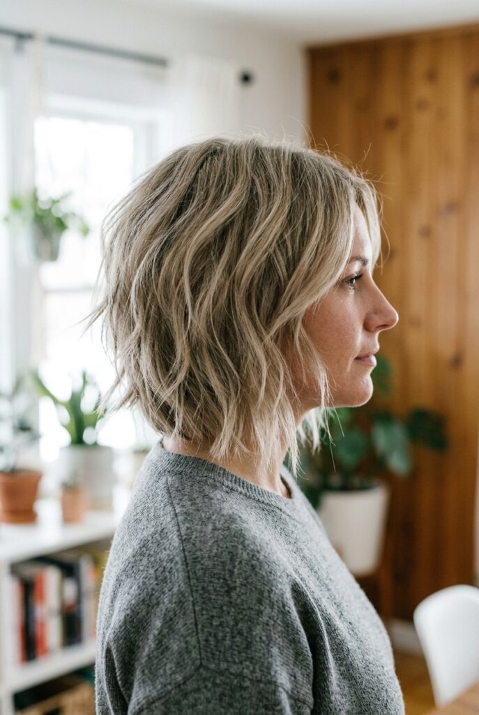 Woman with a choppy layered bob with textured point cut ends