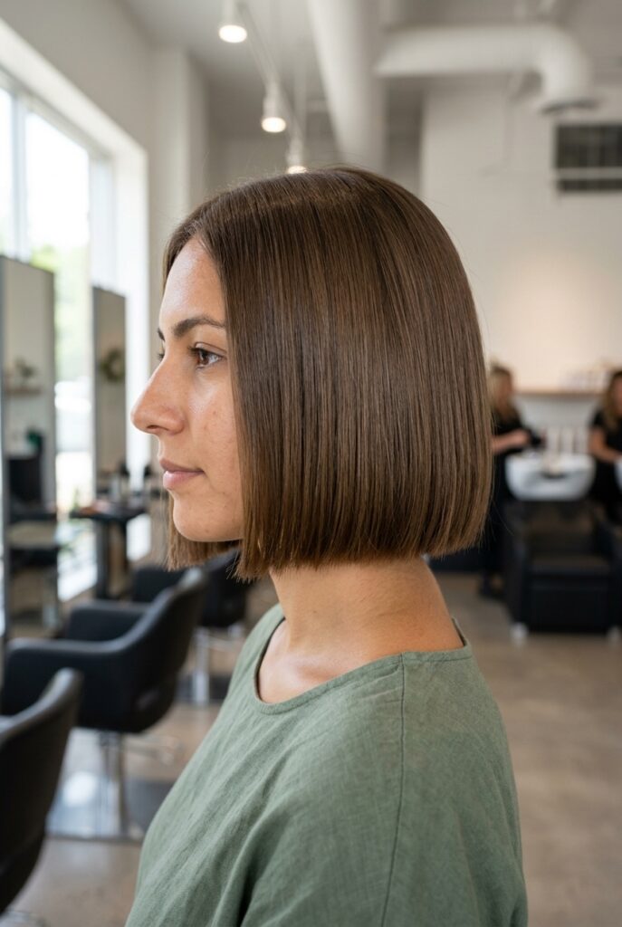 Woman with a classic blunt bob haircut cut straight at jaw length
