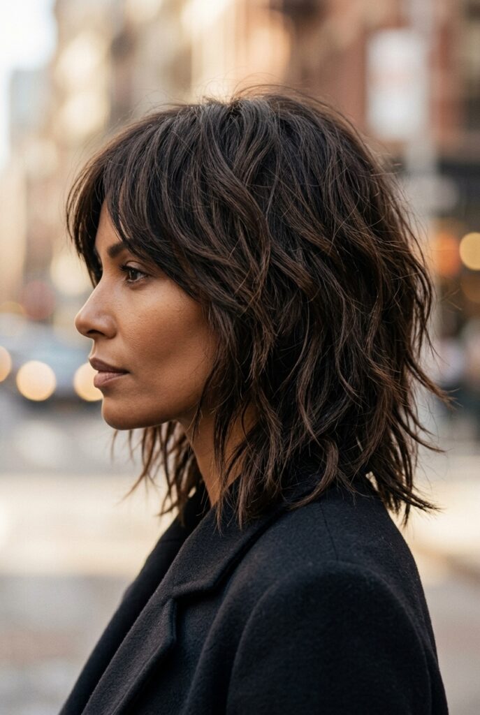 Woman with a classic textured shaggy bob haircut with choppy layers