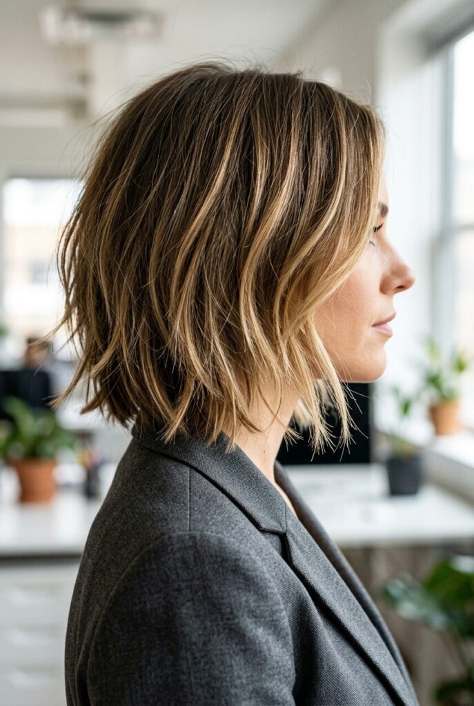Woman with a collarbone length shaggy bob haircut with highlights