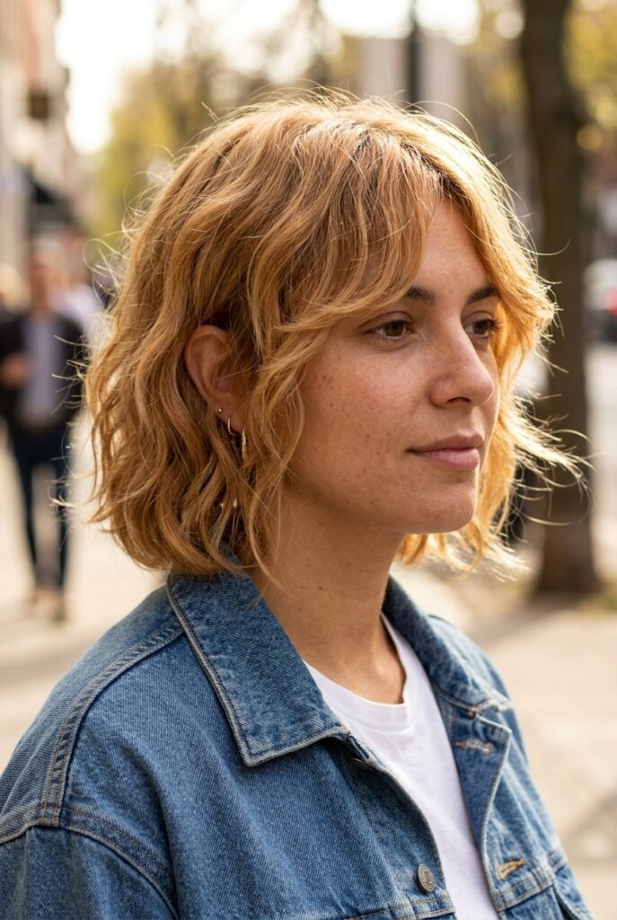 Woman with a cowboy bob showing choppy face-framing layers at chin length