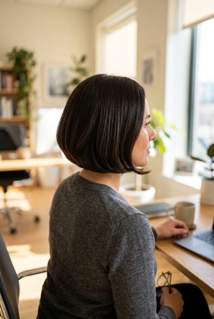 Woman with a curved bob rounding softly inward at the jaw