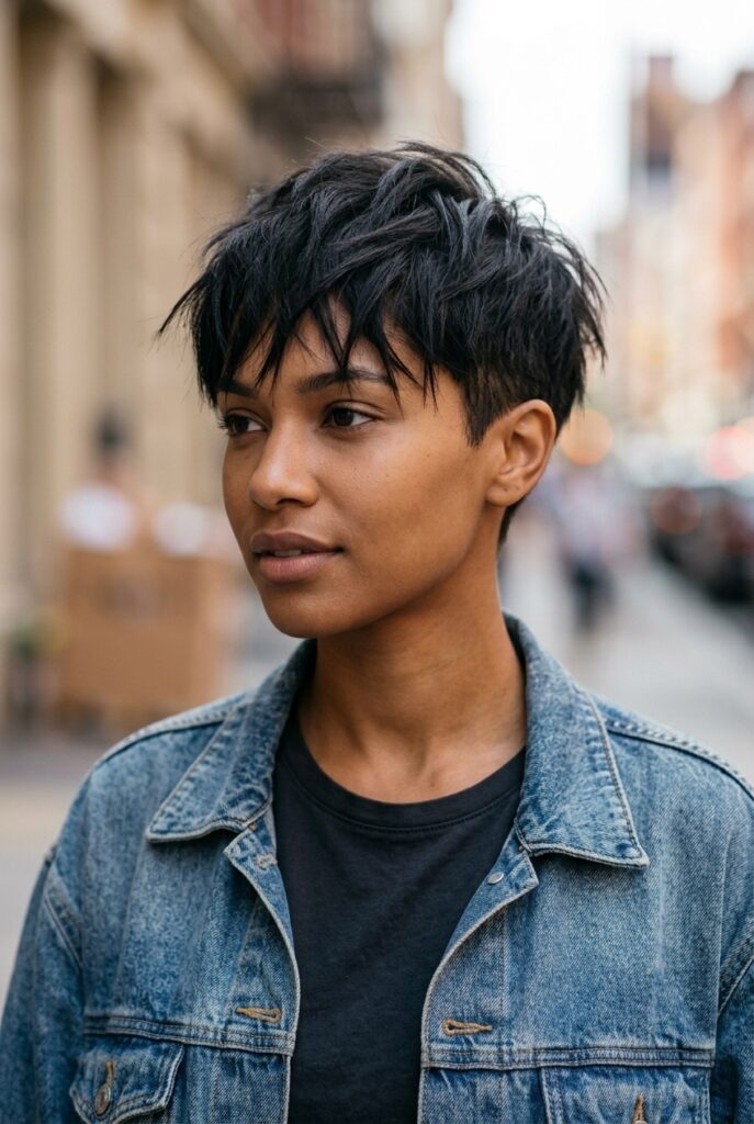 Woman with a deconstructed grunge pixie haircut showing disconnected razor cut layers