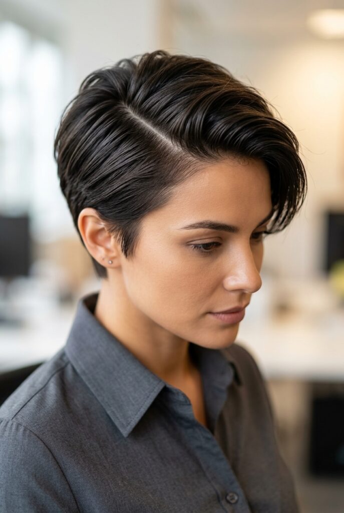 Woman with a deep side part pixie haircut styled with pomade