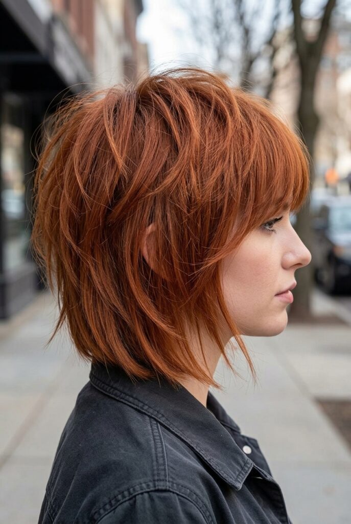 Woman with a disconnected layered shag bob haircut with bangs