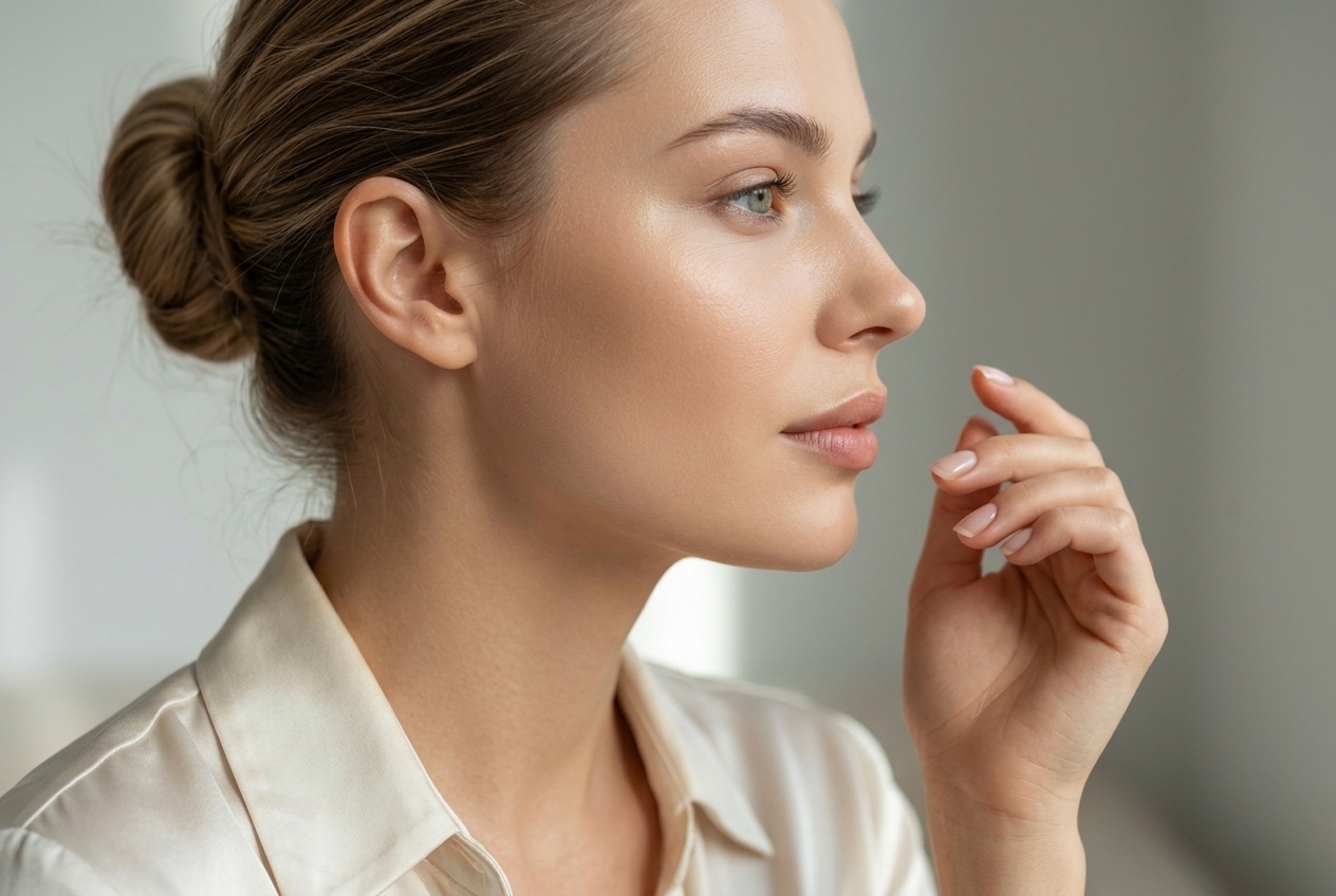 Woman with a flawless even skin tone wearing a natural finish foundation that looks effortlessly polished