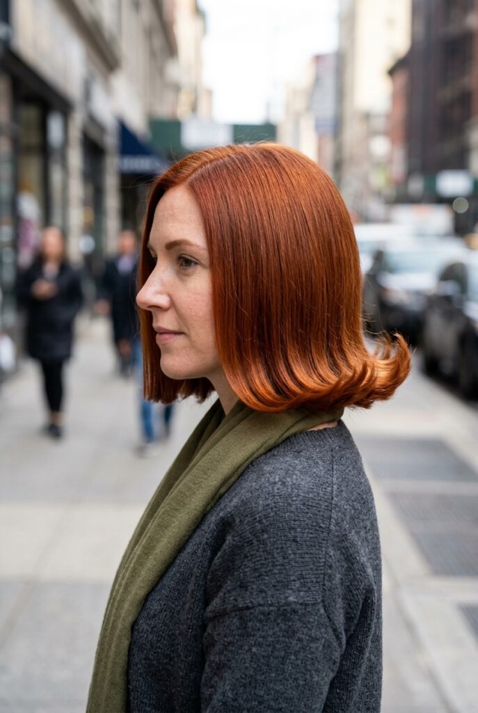 Woman with a flippy chin length bob with ends curved outward