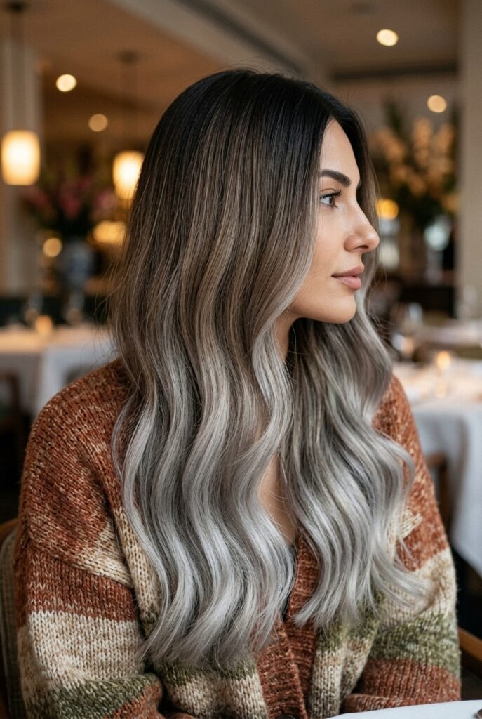 Woman with a gradient gray color melt in a restaurant
